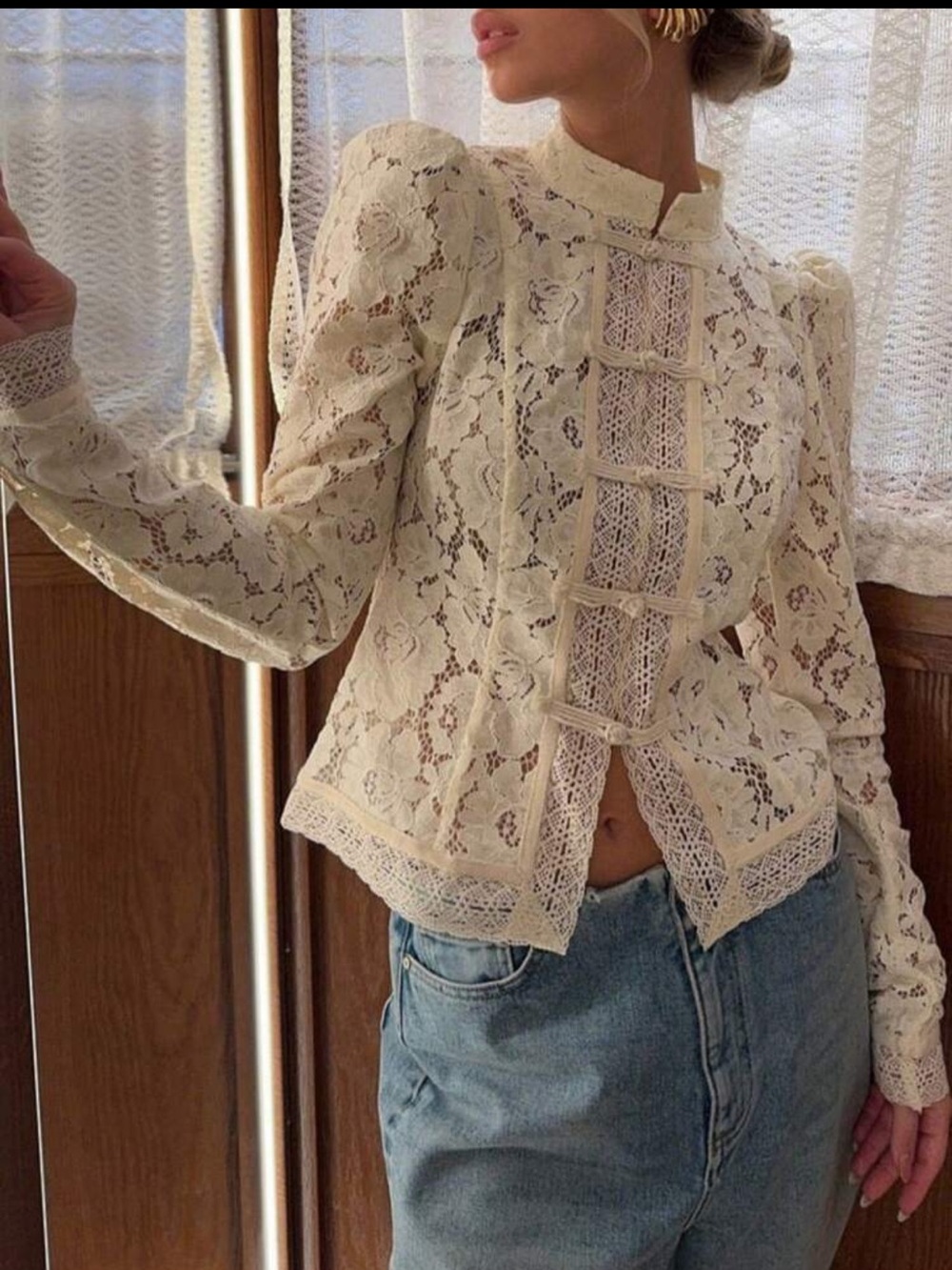 Lace crochet trim mandarin frog button ivory Cream Long-Sleeve Top - Picture 1 of 9